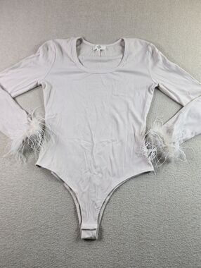 Entro Ribbed Bodysuit Feather Cuffs Beige Long Sleeve Women’s L